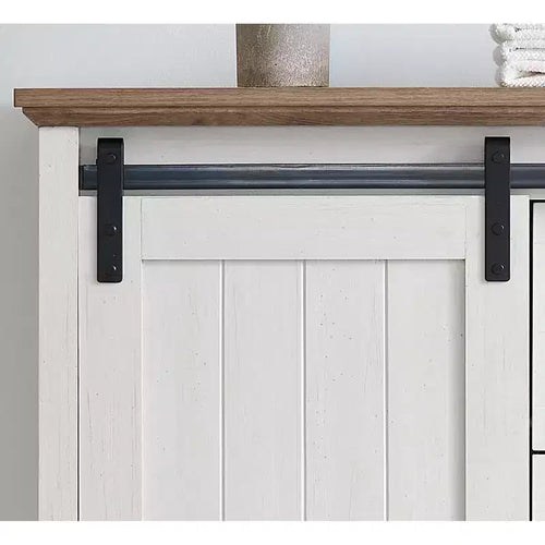 Commode 5 tiroirs avec porte coulissante de style grange, étagères réglables et poignées en métal pour un style fermier