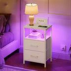 Table de chevet ACOINEL avec station de charge, Table de chevet blanche avec lumières LED et 2 tiroirs en tissu, Table d'appoint avec 2 prises CA/USB/Type-C
