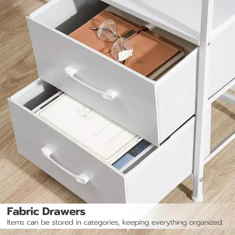Table de chevet ACOINEL avec station de charge, Table de chevet blanche avec lumières LED et 2 tiroirs en tissu, Table d'appoint avec 2 prises CA/USB/Type-C