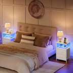 Table de chevet ACOINEL avec station de charge, Table de chevet blanche avec lumières LED et 2 tiroirs en tissu, Table d'appoint avec 2 prises CA/USB/Type-C