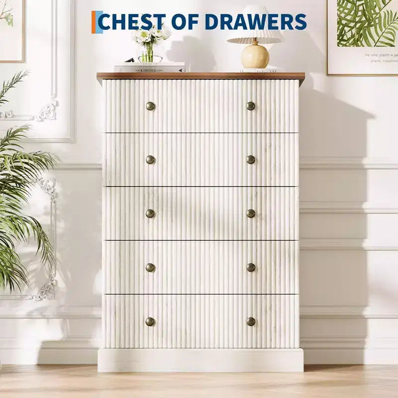Commode haute à 5 tiroirs pour chambre à coucher, commode verticale cannelée, commode de rangement en bois avec poignées en métal, commode peu encombrante