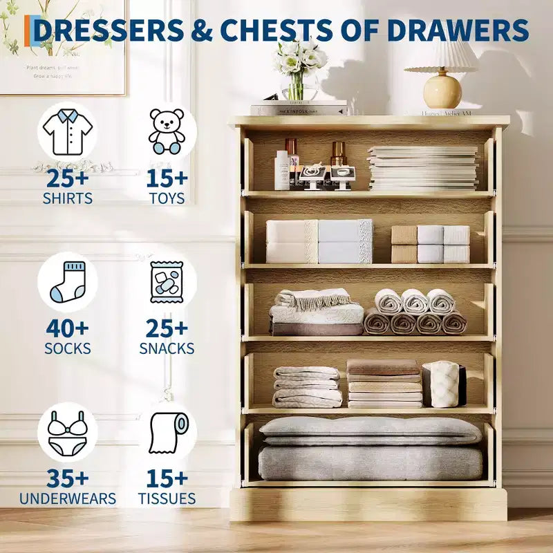 Commode haute à 5 tiroirs pour chambre à coucher, commode verticale cannelée, commode de rangement en bois avec poignées en métal, commode peu encombrante