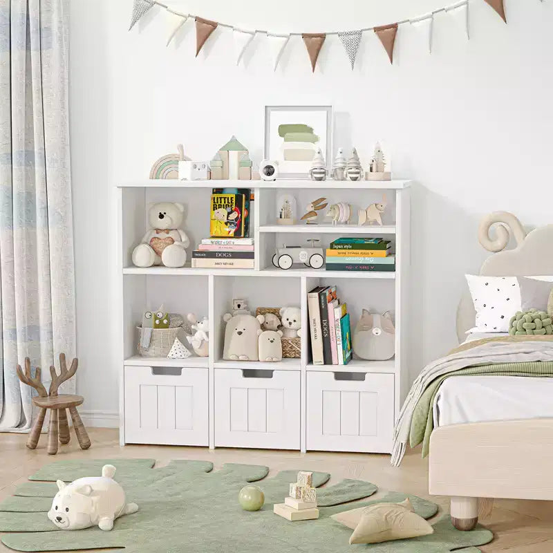 Meuble de rangement pour jouets et bibliothèque pour enfants avec 3 tiroirs mobiles et 6 casiers de rangement, idéal pour l'organisation de la salle de jeux et de la chambre d'enfant