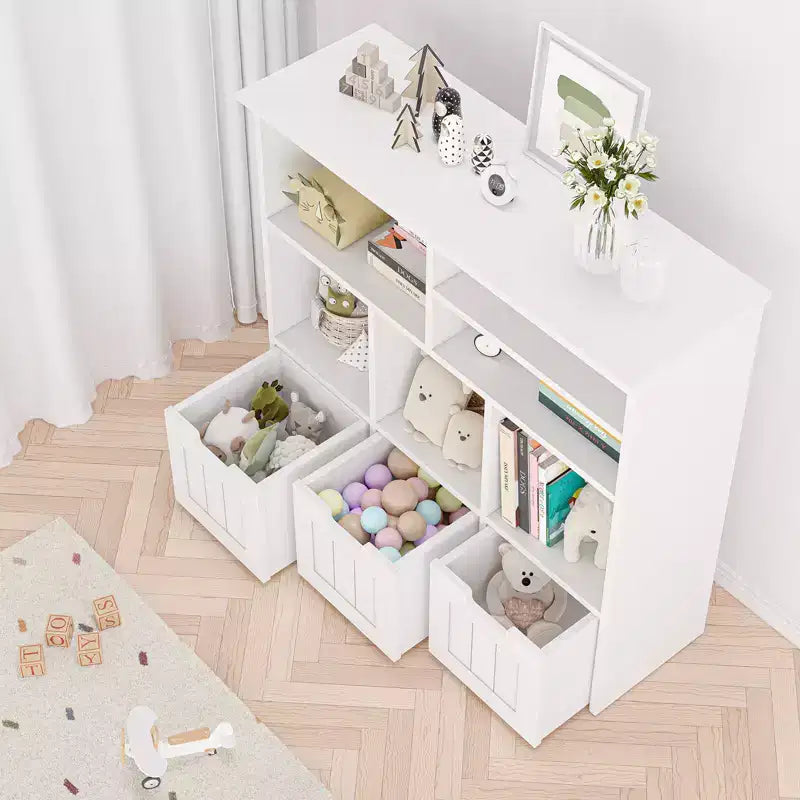 Meuble de rangement pour jouets et bibliothèque pour enfants avec 3 tiroirs mobiles et 6 casiers de rangement, idéal pour l'organisation de la salle de jeux et de la chambre d'enfant