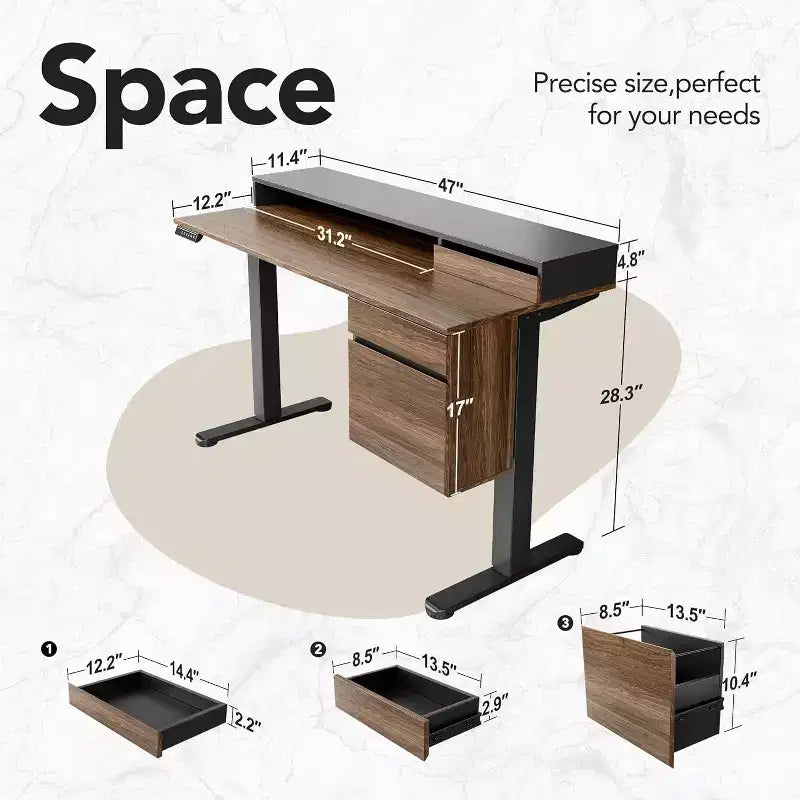 Bureau debout avec tiroirs et classeur, bureau électrique réglable en hauteur de 120 cm avec rangement, table ergonomique avec support d'écran