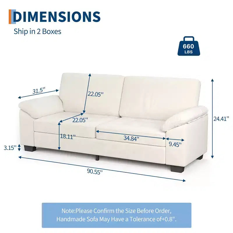 Canapé 3 places en velours 90 po, grand canapé avec accoudoirs spacieux et doux, design capitonné confortable pour salon et chambre à coucher