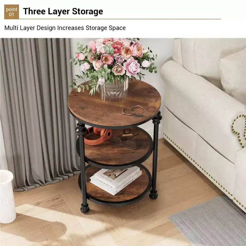 Table d'appoint à 3 niveaux avec rangement, Table d'appoint rustique style ferme avec pieds en colonne métallique, Table d'appoint chêne foncé pour salon chambre à coucher