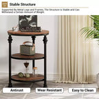 Table d'appoint à 3 niveaux avec rangement, Table d'appoint rustique style ferme avec pieds en colonne métallique, Table d'appoint chêne foncé pour salon chambre à coucher