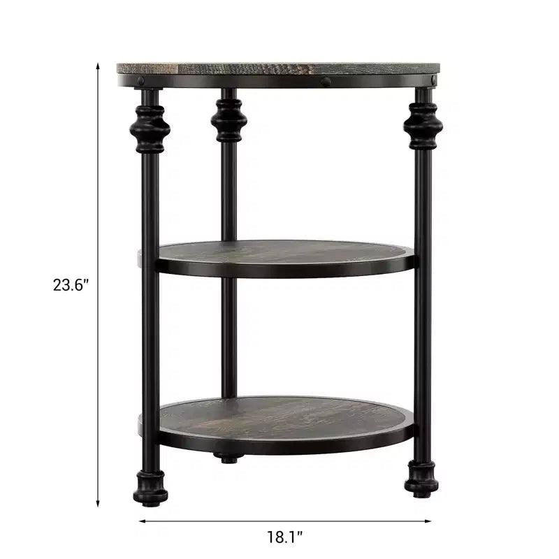 Table d'appoint à 3 niveaux avec rangement, Table d'appoint rustique style ferme avec pieds en colonne métallique, Table d'appoint chêne foncé pour salon chambre à coucher