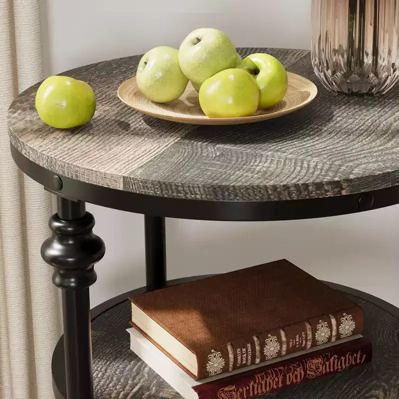 Table d'appoint à 3 niveaux avec rangement, Table d'appoint rustique style ferme avec pieds en colonne métallique, Table d'appoint chêne foncé pour salon chambre à coucher