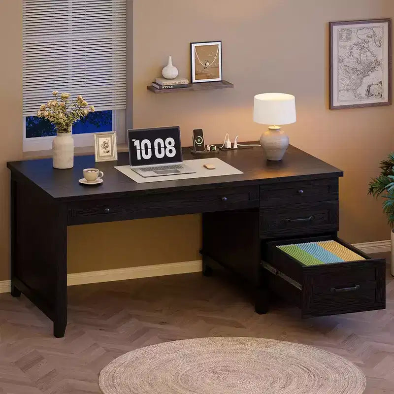 Bureau de style rustique avec tiroir classeur, bureau en bois de 136 cm pour bureau à domicile - Poste de travail robuste avec grand espace de rangement