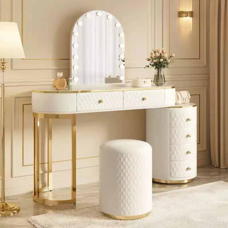 GDFStudio Aurora Coiffeuse moderne en bois avec tabouret, miroir LED et 6 tiroirs de rangement en similicuir