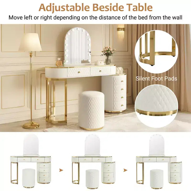 GDFStudio Aurora Coiffeuse moderne en bois avec tabouret, miroir LED et 6 tiroirs de rangement en similicuir