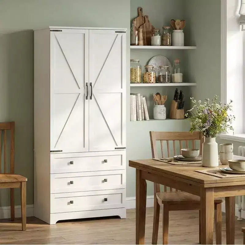 Grand meuble de cuisine de 72 po en bois de style rustique avec étagères réglables, 2 portes de grange et 3 tiroirs, rangement polyvalent