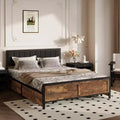 Dyonery Queen Size Bed Frame, Metal Platform Bed Frame with Wooden Headboard with Rivet, 15 Heavy Duty Iron Slats Support, Large Under-Bed Storage.