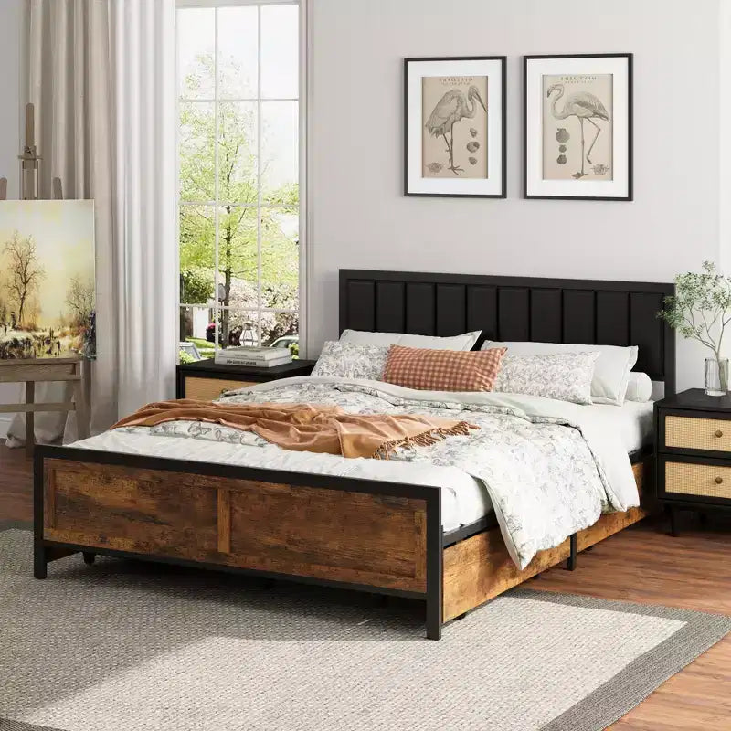 Cadre de lit Dyonery Queen Size, cadre de lit plateforme en métal avec tête de lit en bois à rivets, 15 lattes de soutien robustes en fer, grand espace de rangement sous le lit.