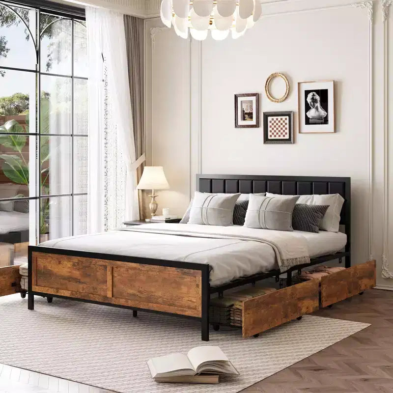 Cadre de lit Dyonery Queen Size, cadre de lit plateforme en métal avec tête de lit en bois à rivets, 15 lattes de soutien robustes en fer, grand espace de rangement sous le lit.
