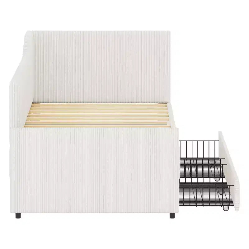 Lit de repos d'angle en velours côtelé Whisen, taille double, avec cadre de lit rembourré et 2 tiroirs de rangement