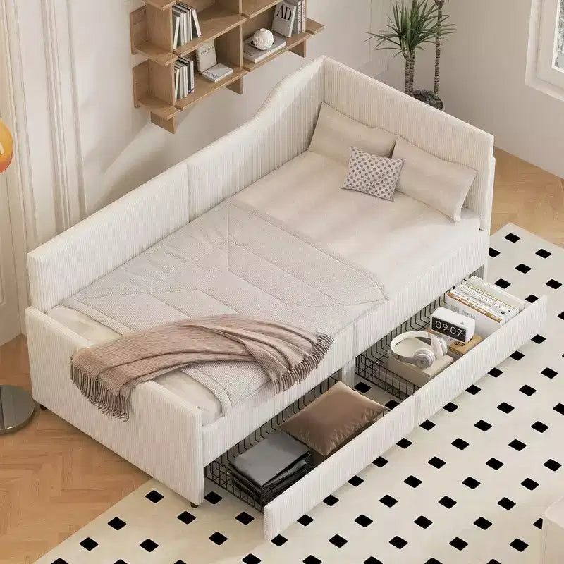 Lit de repos d'angle en velours côtelé Whisen, taille double, avec cadre de lit rembourré et 2 tiroirs de rangement