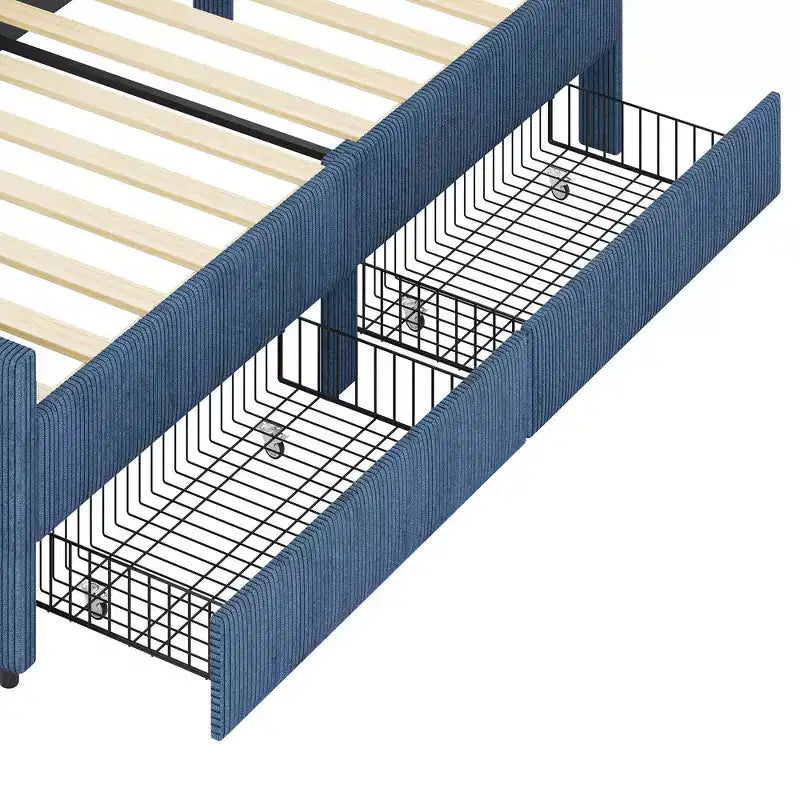 Lit de repos d'angle en velours côtelé Whisen, taille double, avec cadre de lit rembourré et 2 tiroirs de rangement