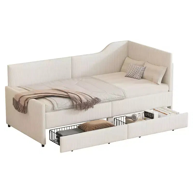 Lit de repos d'angle en velours côtelé Whisen, taille double, avec cadre de lit rembourré et 2 tiroirs de rangement