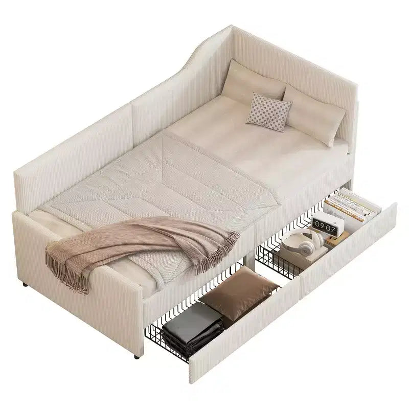 Lit de repos d'angle en velours côtelé Whisen, taille double, avec cadre de lit rembourré et 2 tiroirs de rangement