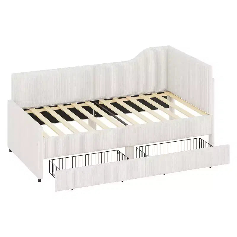 Lit de repos d'angle en velours côtelé Whisen, taille double, avec cadre de lit rembourré et 2 tiroirs de rangement