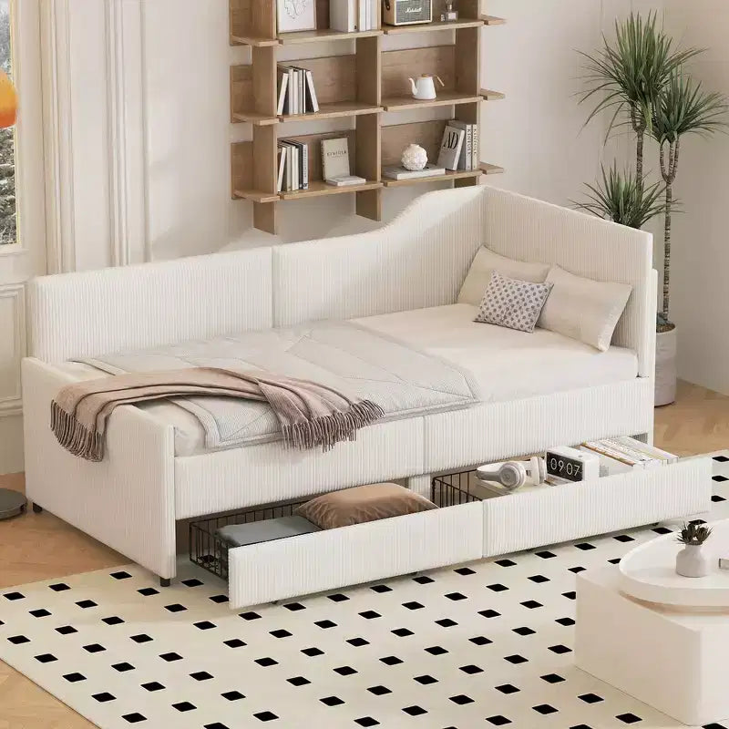 Whisen Twin Size L-Shaped Corduroy Daybed, Upholstered Bed Frame with 2 Storage Drawers