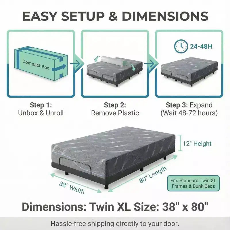 Matelas en mousse à mémoire de forme Twin XL, matelas en gel à fermeté moyenne double face avec housse lavable, sans fibre de verre, CertiPUR-US, matelas roulé en boîte