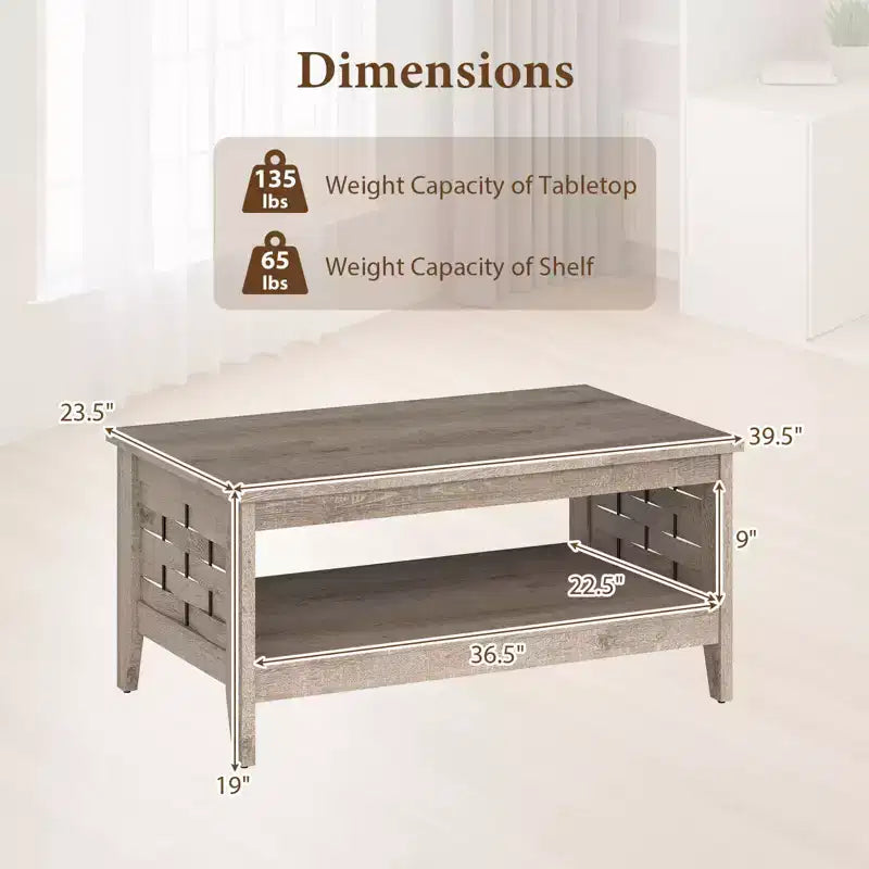 Costway Table Basse à 2 Niveaux de 39,5 po avec Étagère Ouverte, Décorations Tressées, Rangement pour Salon Marron/Chêne Rustique