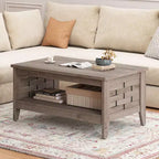 Costway Table Basse à 2 Niveaux de 39,5 po avec Étagère Ouverte, Décorations Tressées, Rangement pour Salon Marron/Chêne Rustique