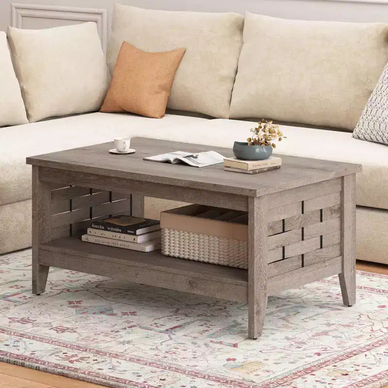 Costway Table Basse à 2 Niveaux de 39,5 po avec Étagère Ouverte, Décorations Tressées, Rangement pour Salon Marron/Chêne Rustique
