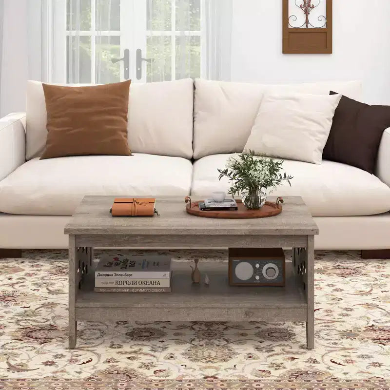 Costway Table Basse à 2 Niveaux de 39,5 po avec Étagère Ouverte, Décorations Tressées, Rangement pour Salon Marron/Chêne Rustique