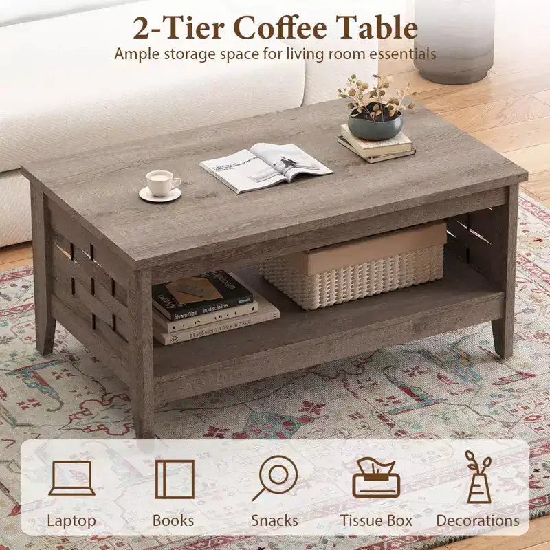 Costway Table Basse à 2 Niveaux de 39,5 po avec Étagère Ouverte, Décorations Tressées, Rangement pour Salon Marron/Chêne Rustique
