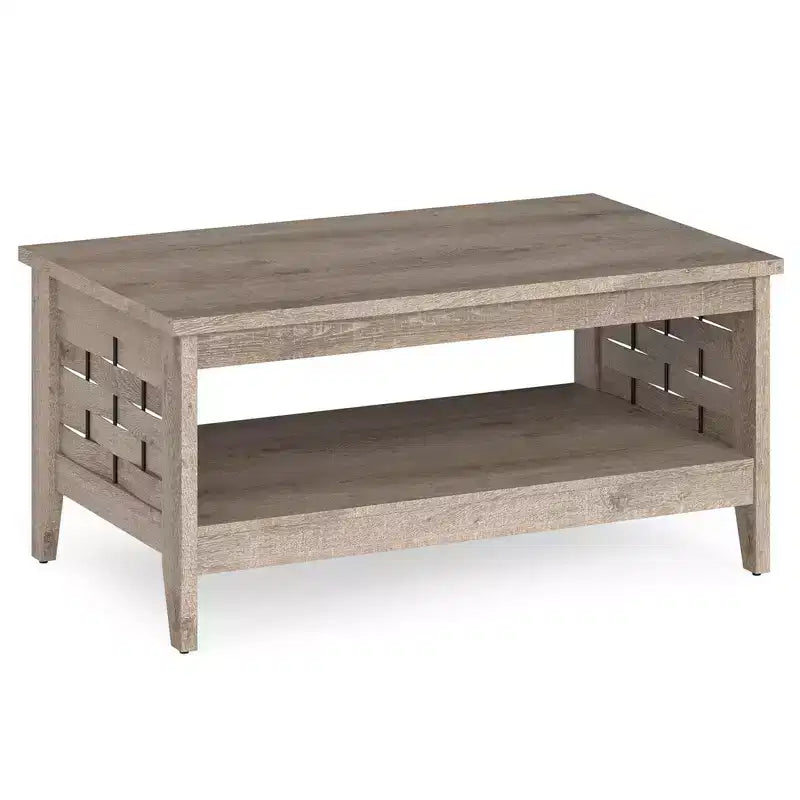 Costway Table Basse à 2 Niveaux de 39,5 po avec Étagère Ouverte, Décorations Tressées, Rangement pour Salon Marron/Chêne Rustique