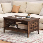 Costway Table Basse à 2 Niveaux de 39,5 po avec Étagère Ouverte, Décorations Tressées, Rangement pour Salon Marron/Chêne Rustique