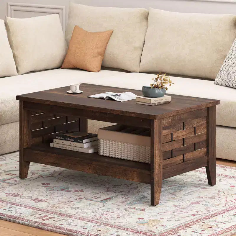 Costway Table Basse à 2 Niveaux de 39,5 po avec Étagère Ouverte, Décorations Tressées, Rangement pour Salon Marron/Chêne Rustique