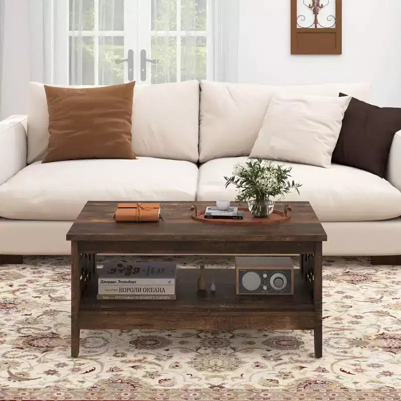Costway Table Basse à 2 Niveaux de 39,5 po avec Étagère Ouverte, Décorations Tressées, Rangement pour Salon Marron/Chêne Rustique