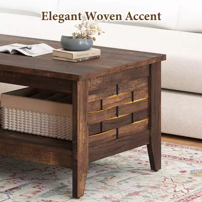 Costway Table Basse à 2 Niveaux de 39,5 po avec Étagère Ouverte, Décorations Tressées, Rangement pour Salon Marron/Chêne Rustique