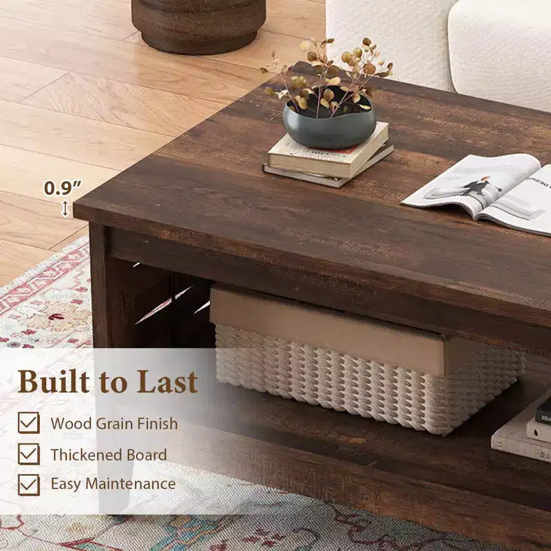Costway Table Basse à 2 Niveaux de 39,5 po avec Étagère Ouverte, Décorations Tressées, Rangement pour Salon Marron/Chêne Rustique