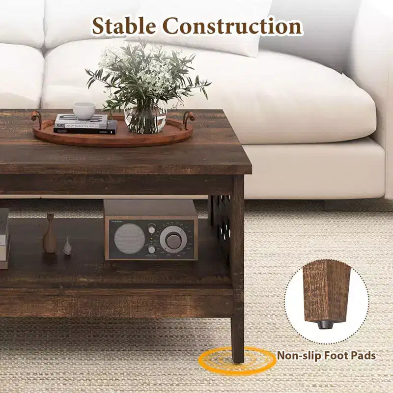 Costway Table Basse à 2 Niveaux de 39,5 po avec Étagère Ouverte, Décorations Tressées, Rangement pour Salon Marron/Chêne Rustique