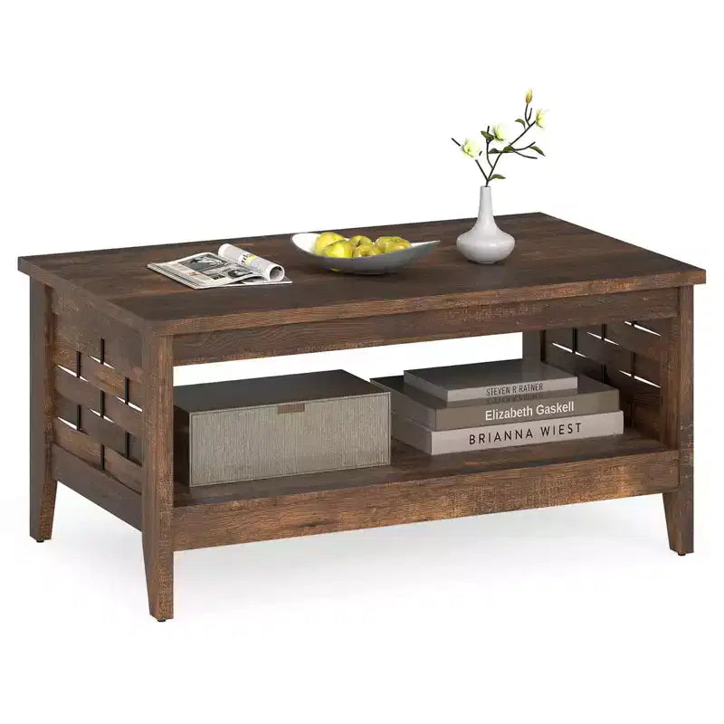 Costway 39.5 2-Tier Coffee Table with Open Shelf Woven Decorations Storage for Living Room Brown/Rustic Oak