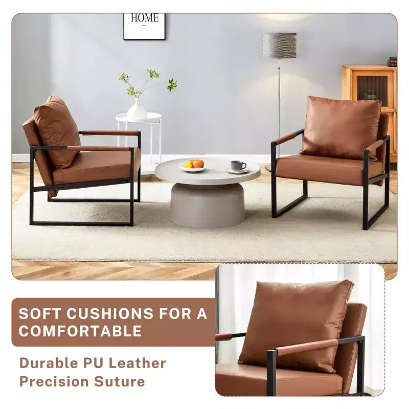 Fauteuil d'appoint Ora Maison Classic en cuir PU - Chaise ergonomique moderne industrielle avec cadre en métal robuste pour salon et bureau, marron