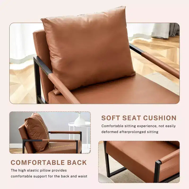 Fauteuil d'appoint Ora Maison Classic en cuir PU - Chaise ergonomique moderne industrielle avec cadre en métal robuste pour salon et bureau, marron