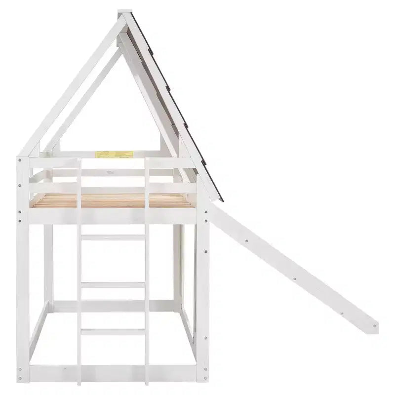 Lit superposé Whisen Twin House avec toit, fenêtre, barrières de sécurité et échelle intégrée (version améliorée) - Blanc et marron