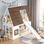 Lit superposé Whisen Twin House avec toit, fenêtre, barrières de sécurité et échelle intégrée (version améliorée) - Blanc et marron