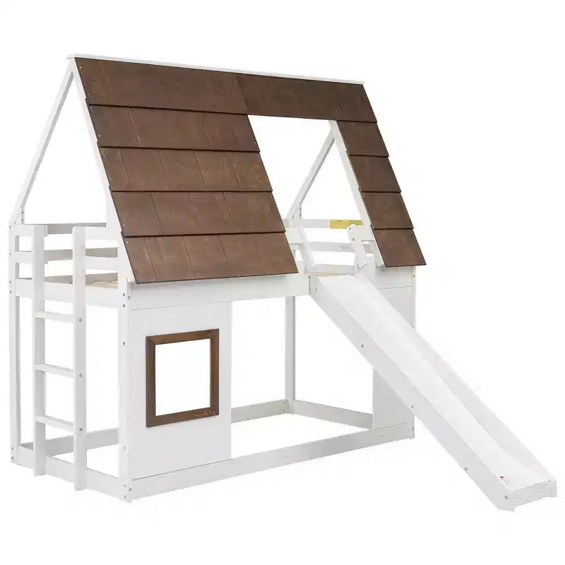 Lit superposé Whisen Twin House avec toit, fenêtre, barrières de sécurité et échelle intégrée (version améliorée) - Blanc et marron