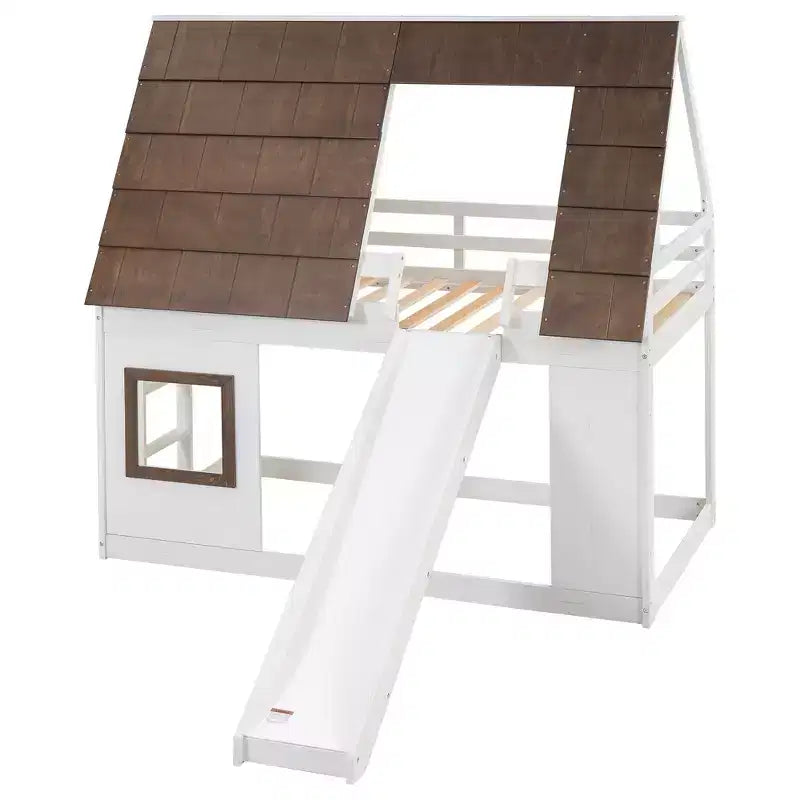 Lit superposé Whisen Twin House avec toit, fenêtre, barrières de sécurité et échelle intégrée (version améliorée) - Blanc et marron