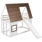 Lit superposé Whisen Twin House avec toit, fenêtre, barrières de sécurité et échelle intégrée (version améliorée) - Blanc et marron