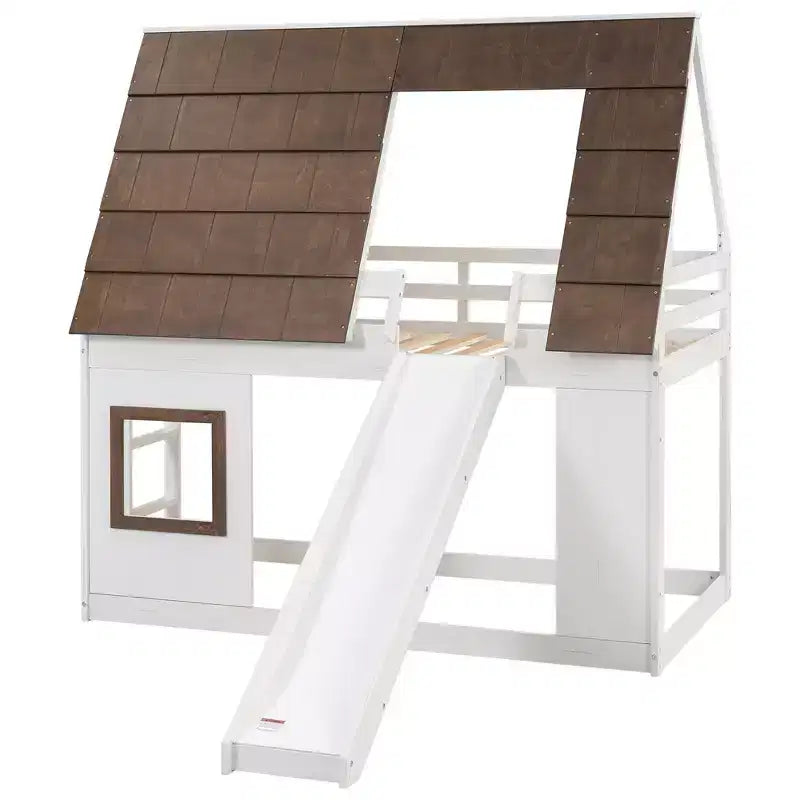 Lit superposé Whisen Twin House avec toit, fenêtre, barrières de sécurité et échelle intégrée (version améliorée) - Blanc et marron